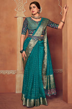 Load image into Gallery viewer, Attractive Border Work Organza Fabric Cyan Color Saree With Embroidered Designer Blouse