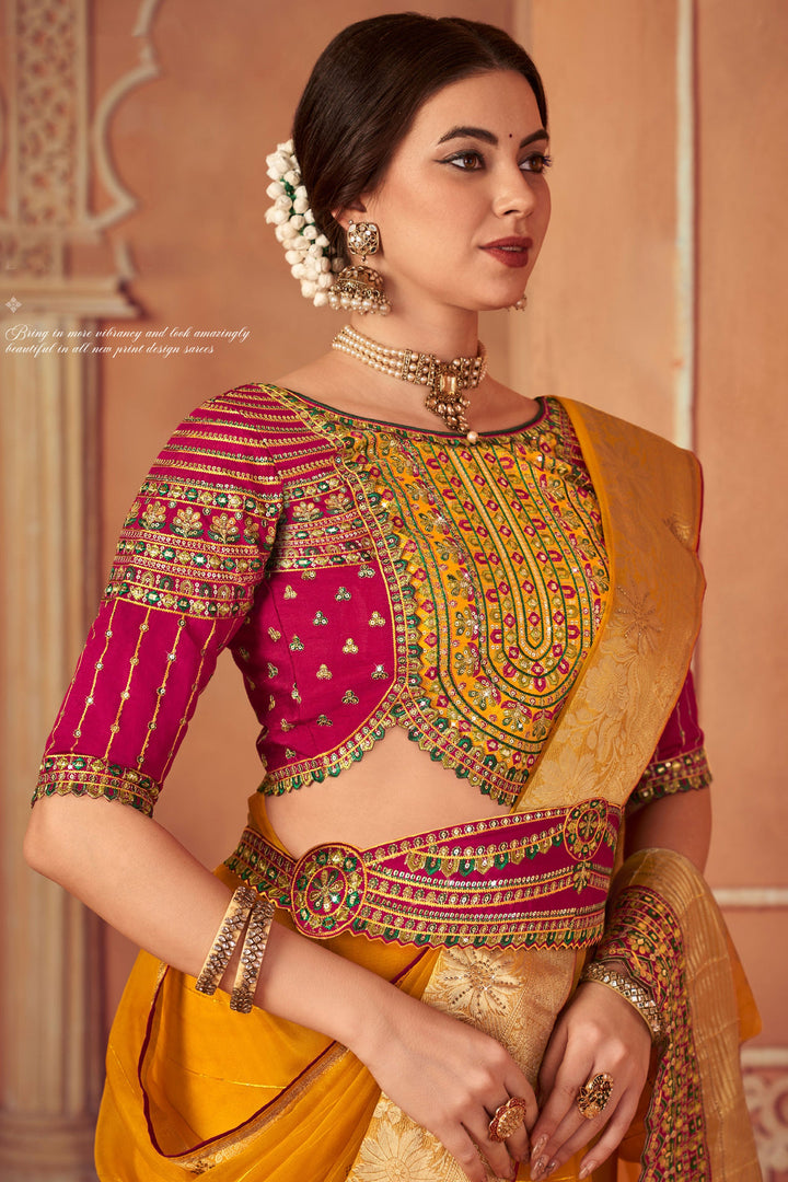 Mustard Color Border Work Organza Saree With Embroidered Designer Blouse