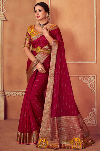 Rani Color Border Work Organza Saree With Embroidered Designer Blouse