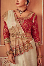Load image into Gallery viewer, Exclusive Beige Color Organza Fabric Border Work Saree With Embroidered Designer Blouse