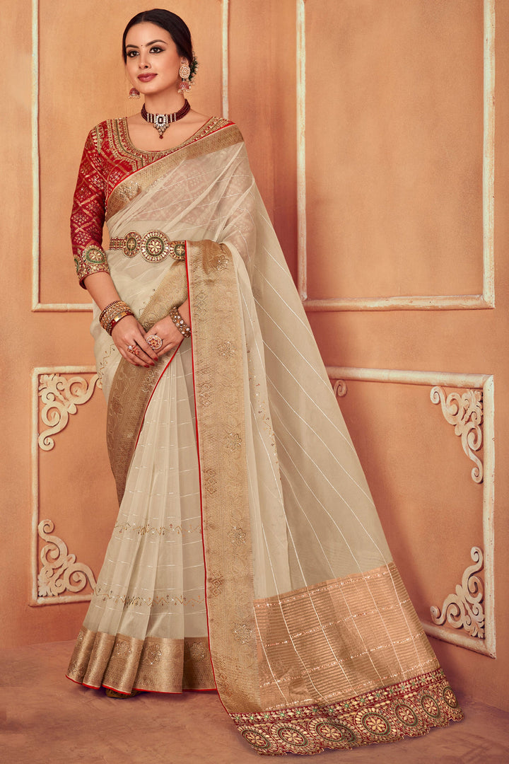 Exclusive Beige Color Organza Fabric Border Work Saree With Embroidered Designer Blouse