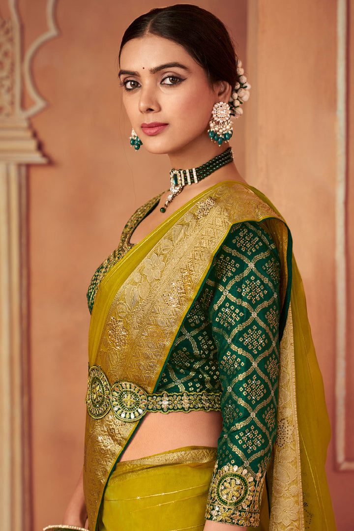 Green Color Border Work Party Look Organza Fabric Saree With Embroidered Designer Blouse