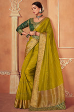 Load image into Gallery viewer, Green Color Border Work Party Look Organza Fabric Saree With Embroidered Designer Blouse