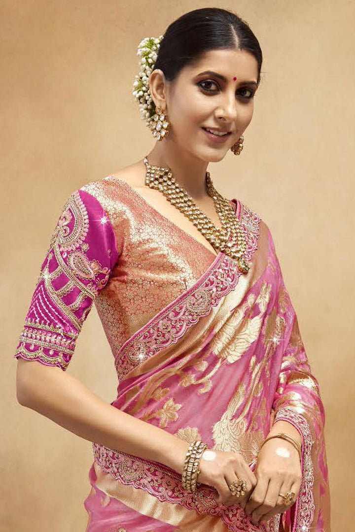 Pink Color Weaving Work Organza Fabric Party Style Saree