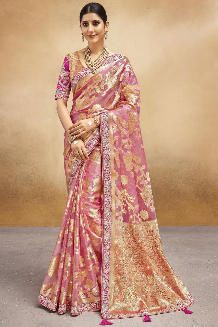 Pink Color Weaving Work Organza Fabric Party Style Saree