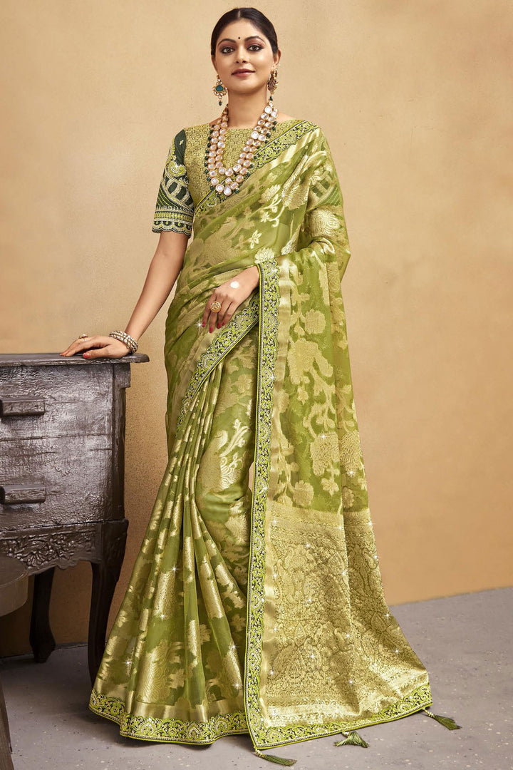 Alluring Weaving Work Organza Fabric Saree In Green Color