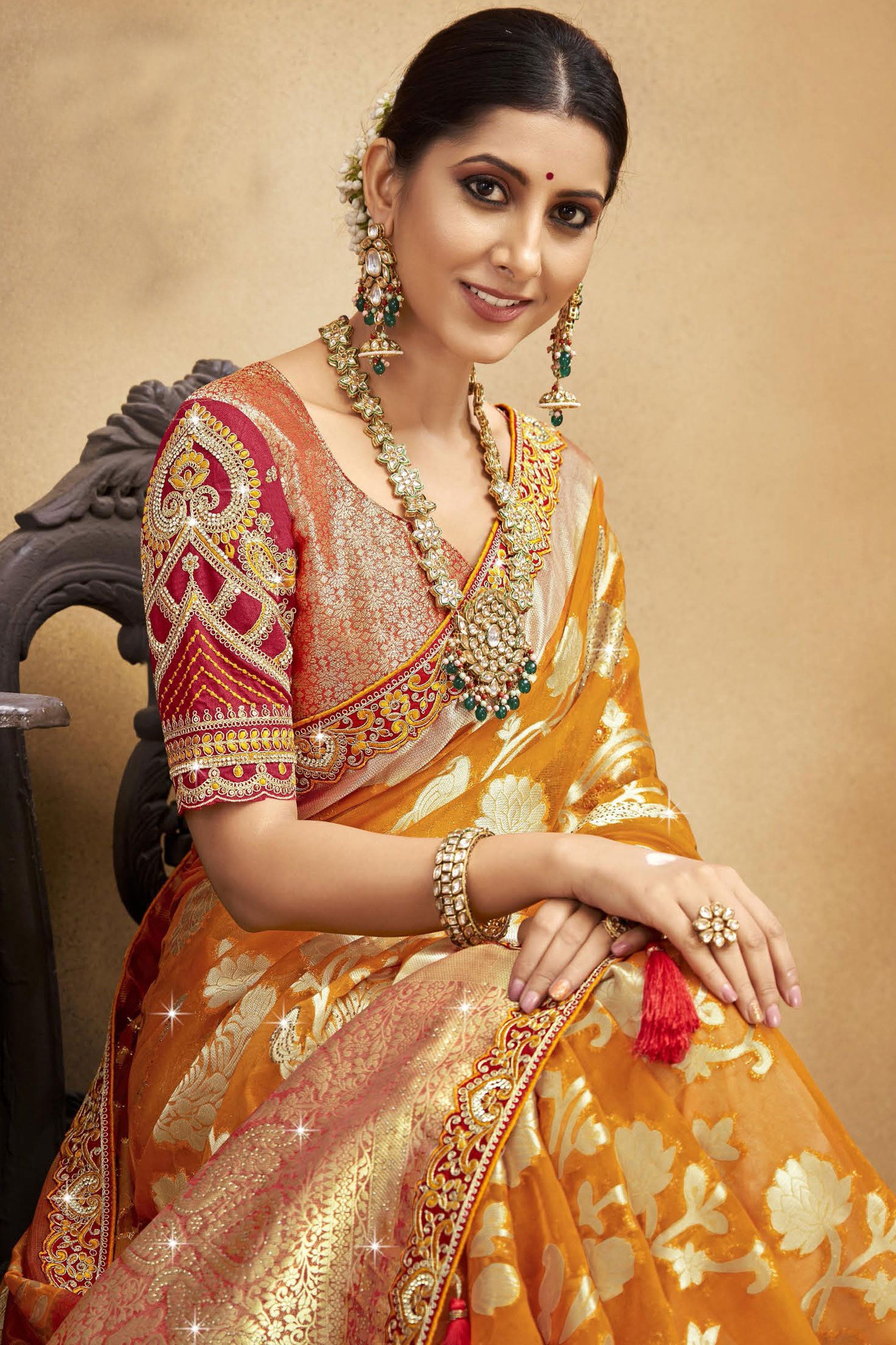 Radiant Orange Color Weaving Work Organza Fabric Saree