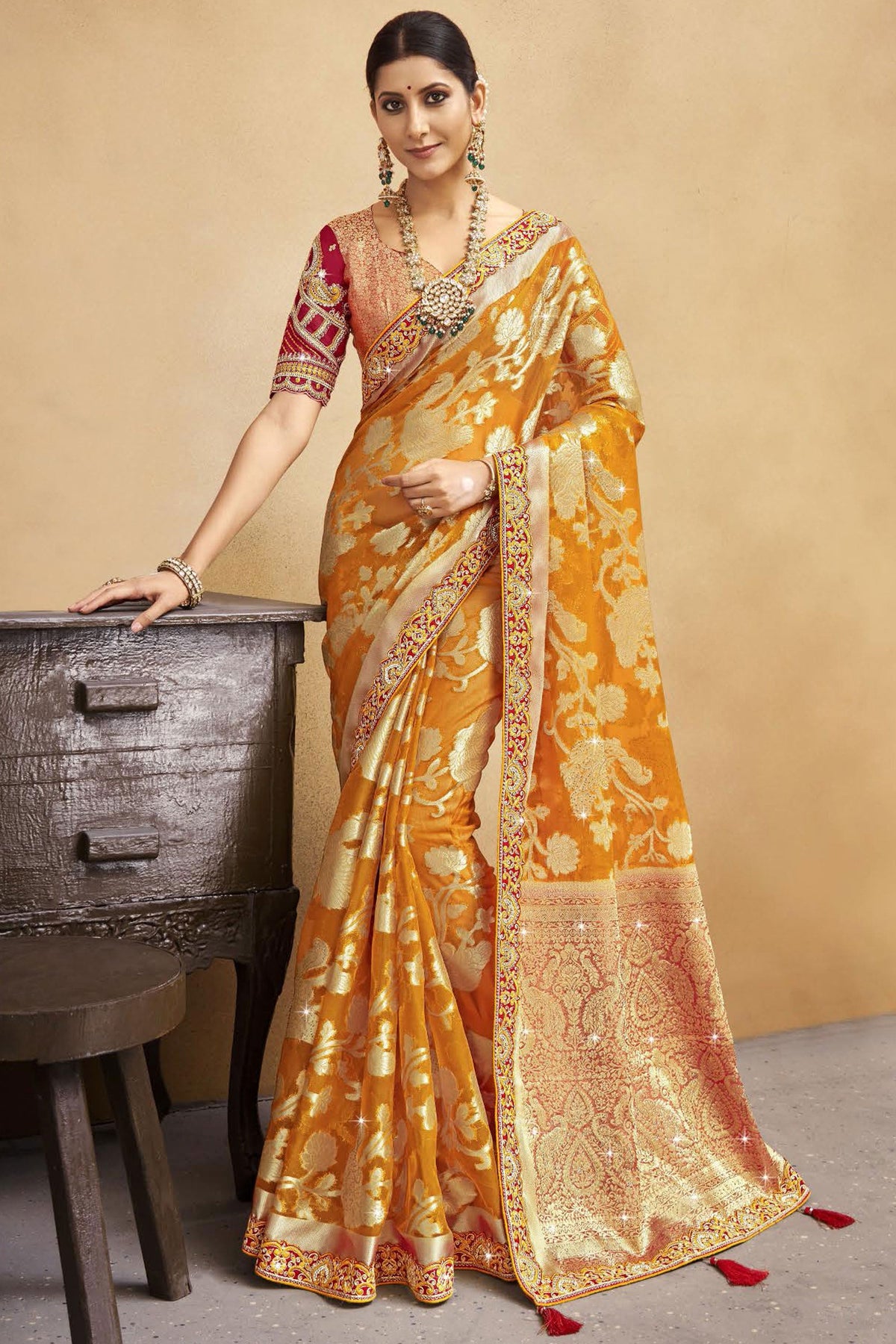 Radiant Orange Color Weaving Work Organza Fabric Saree