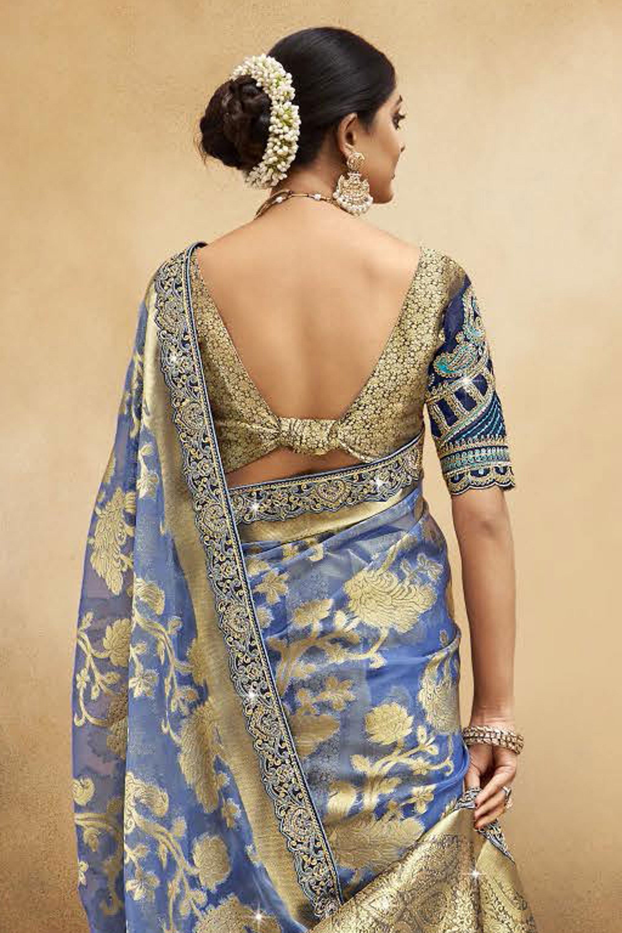 Organza Fabric Weaving Work Blue Color Designer Saree