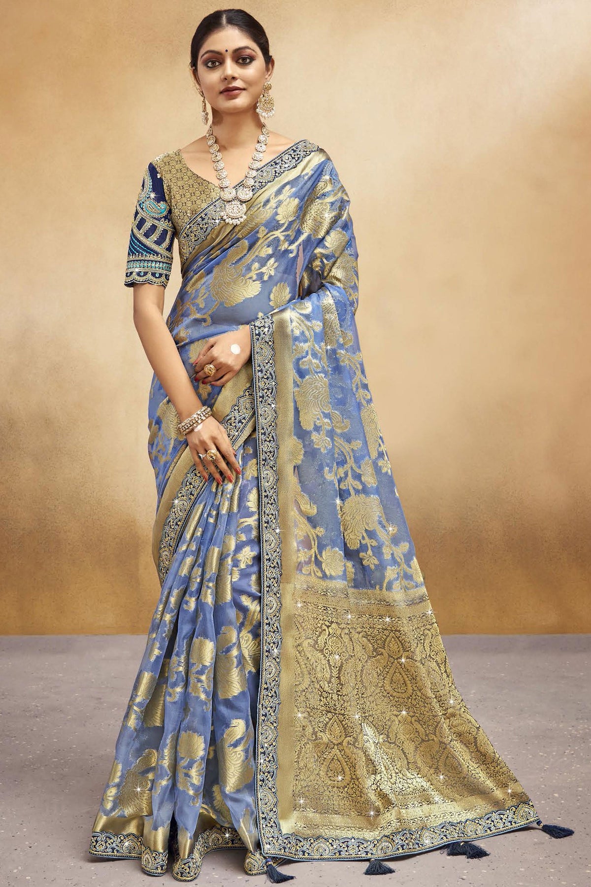 Organza Fabric Weaving Work Blue Color Designer Saree