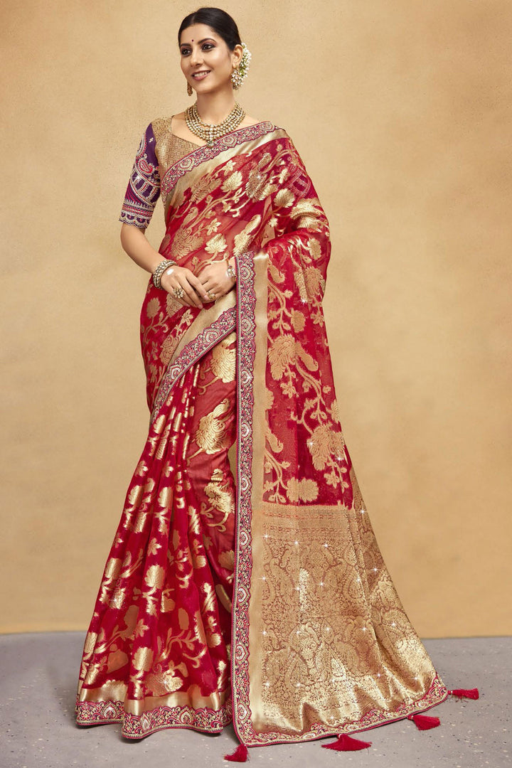 Red Color Trendy Weaving Work Organza Fabric Saree