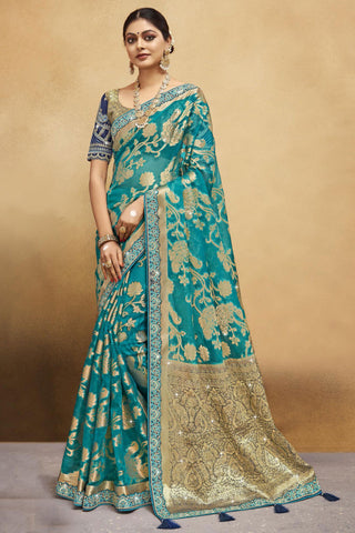 Weaving Work Cyan Color Organza Fabric Exclusive Saree