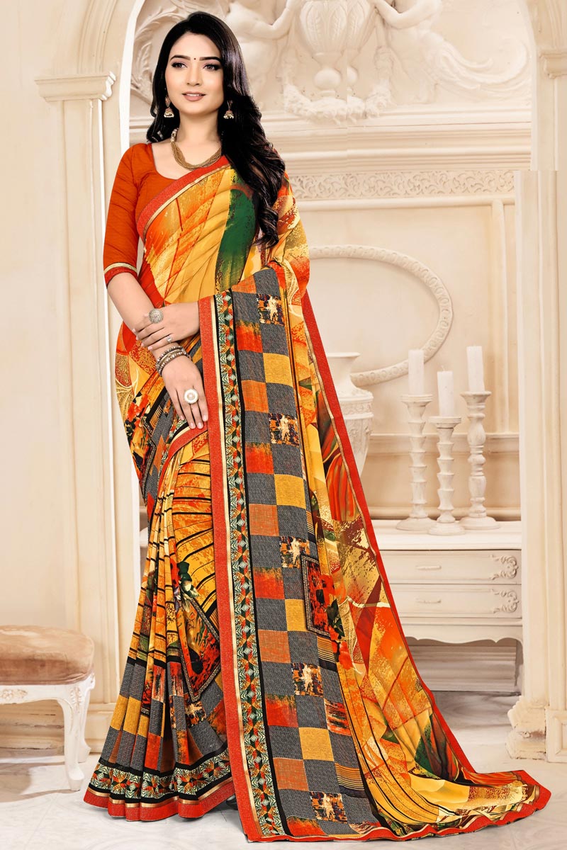 Multi Color Puja Wear Fancy Printed Saree In Georgette Fabric
