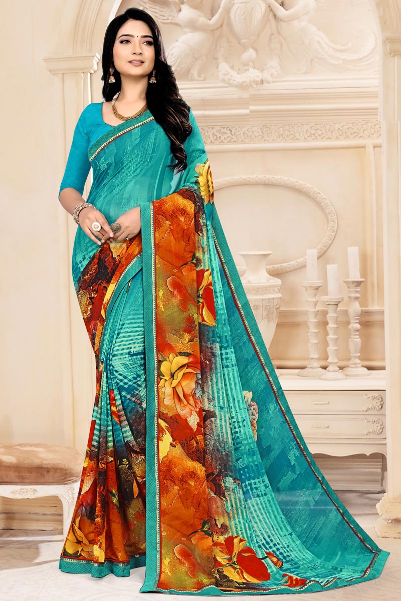Georgette Fabric Office Wear Cyan Color Printed Saree