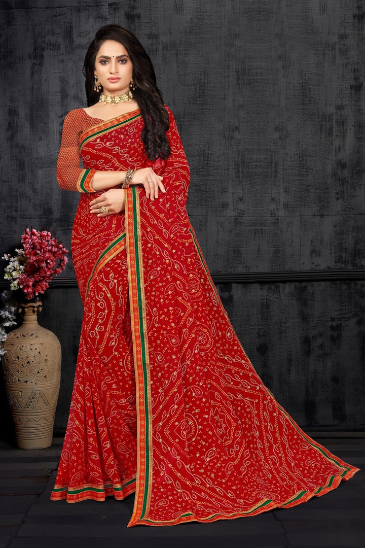 Red Color Georgette Fabric Bandhani Print Daily Wear Simple Saree