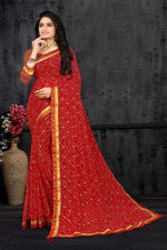 Load image into Gallery viewer, Georgette Fabric Office Wear Red Color Bandhani Print Saree

