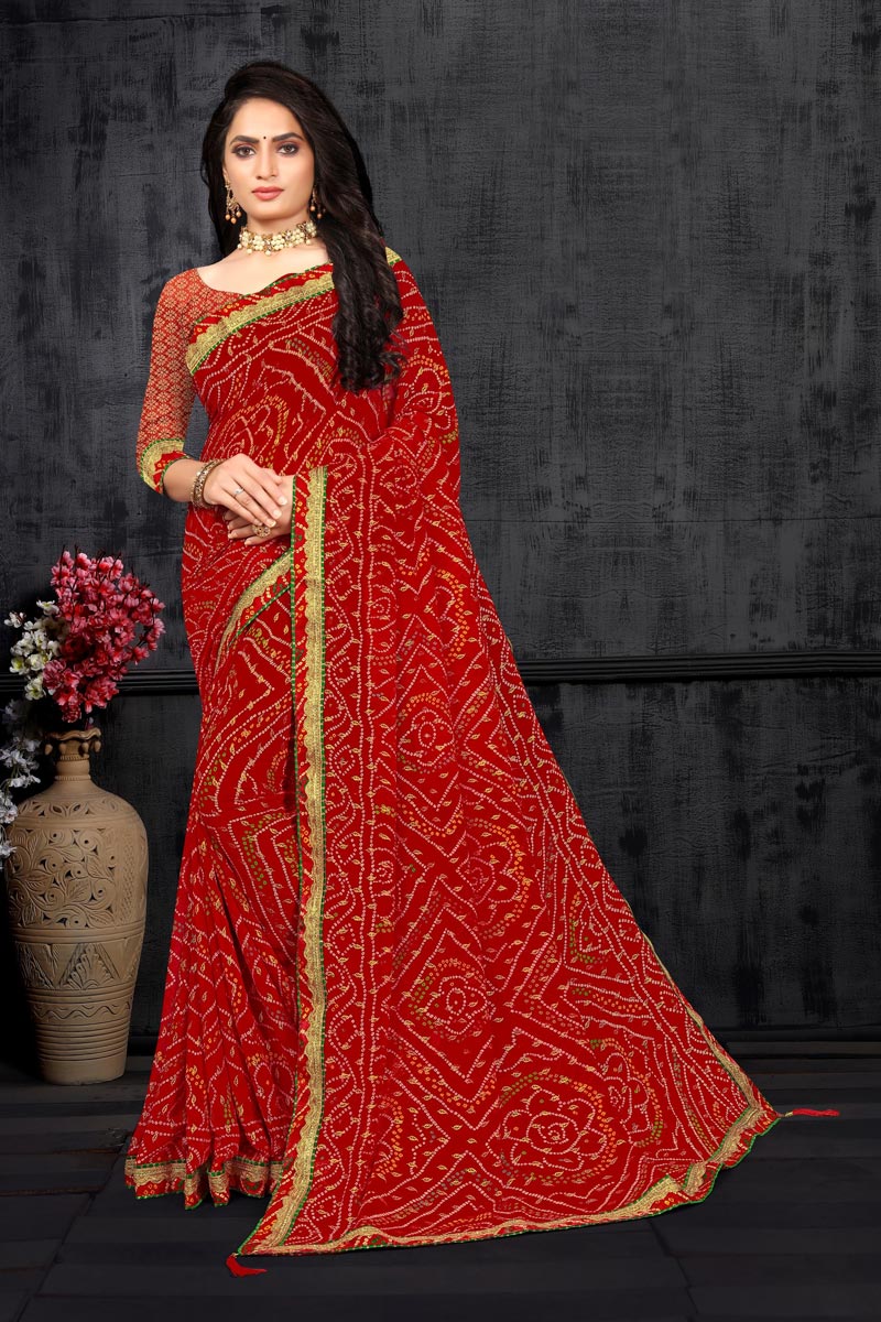 Red Color Fancy Georgette Fabric Bandhani Print Daily Wear Saree