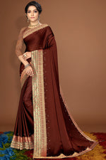Load image into Gallery viewer, Shimmering Satin Saree In Moroon Color With Intricate Border Work
