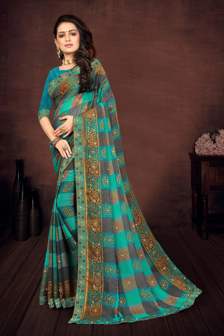 Cyan Color Casual Georgette Fabric Printed Saree