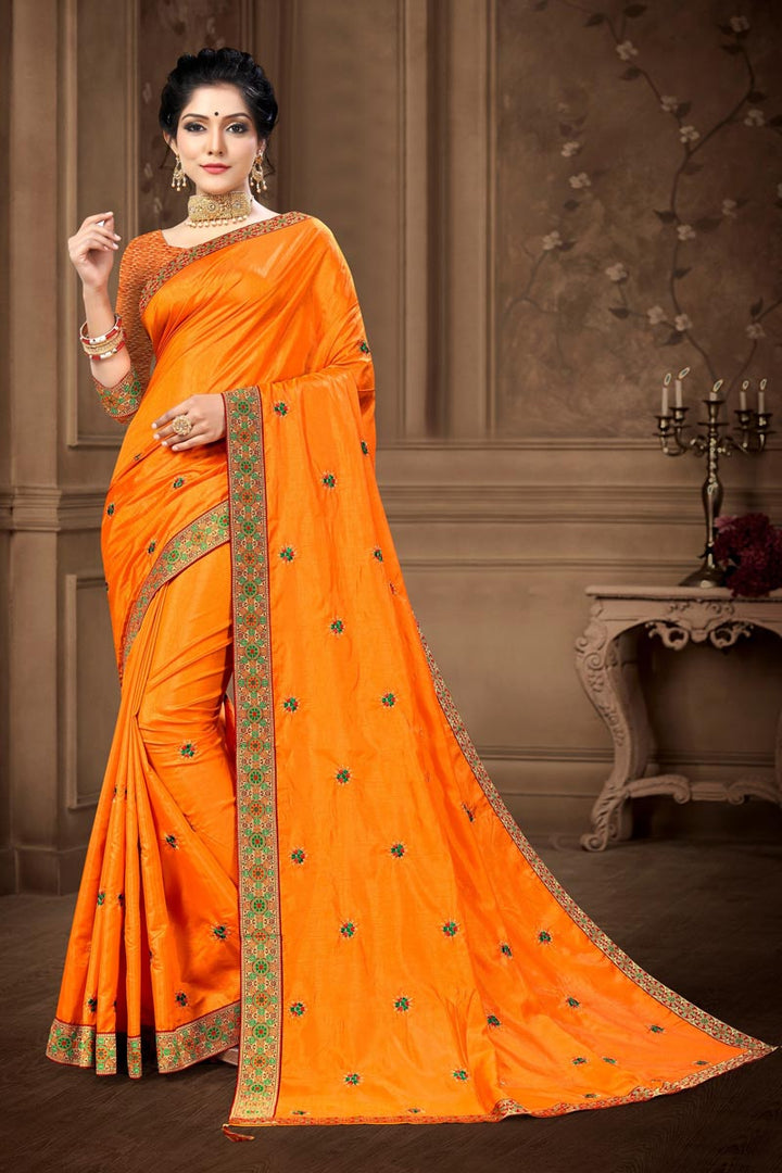 Yellow Color Festive Wear Chic Lace Work Saree In Art Silk Fabric