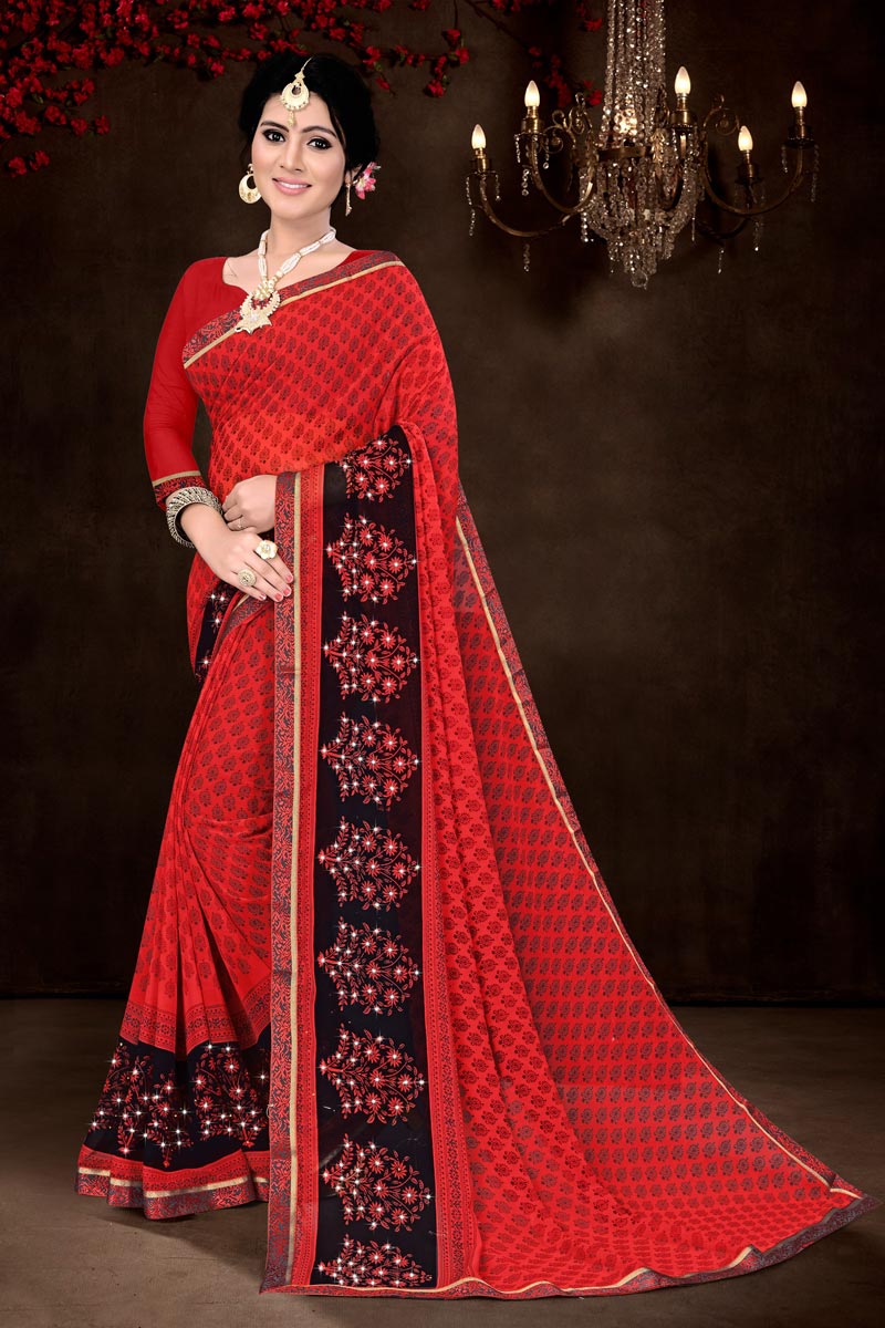 Red Color Regular Wear Chic Georgette Fabric Printed Saree