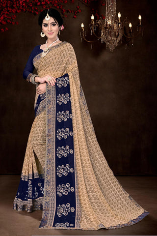 Regular Wear Chic Printed Georgette Fabric Saree In Beige Color