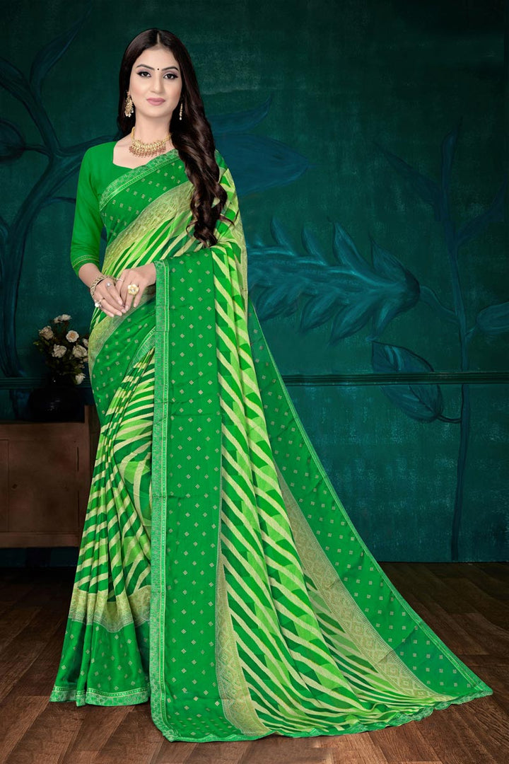 Green Color Chic Regular Wear Chiffon Fabric Printed Saree
