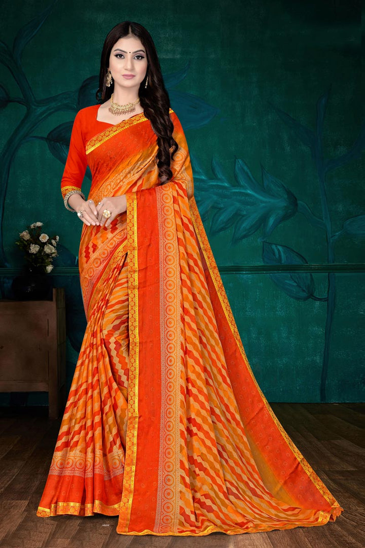 Orange Color Regular Wear Chic Printed Saree In Chiffon Fabric