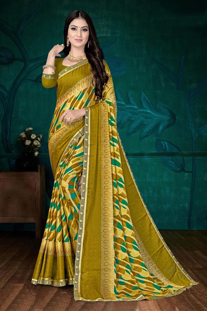 Chiffon Fabric Chic Regular Wear Printed Mehendi Green Color Saree