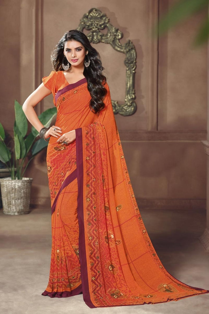 Orange Color Trendy Casual Wear Georgette Fabric Printed Saree