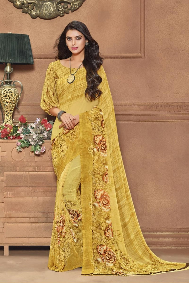 Yellow Color Casual Wear Trendy Printed Saree In Georgette Fabric
