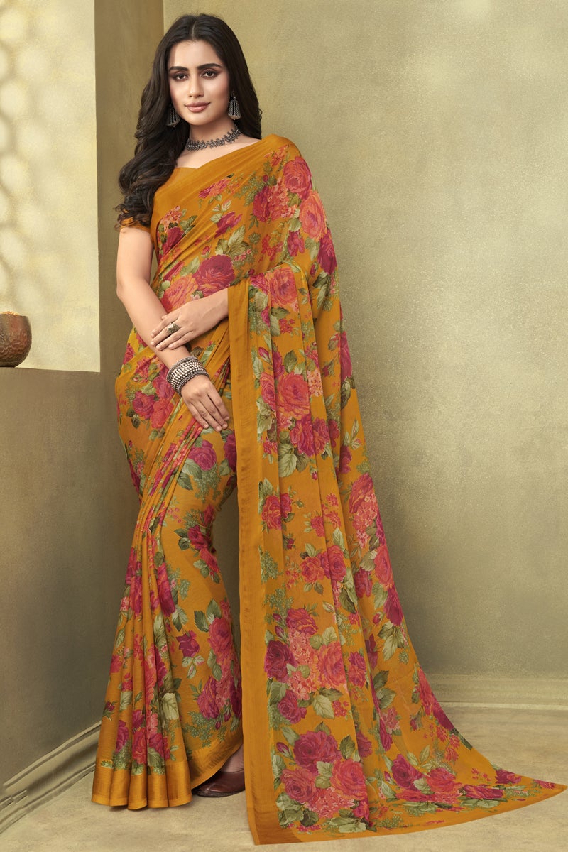 Casual Wear Mustard Color Chiffon Simple Printed Saree