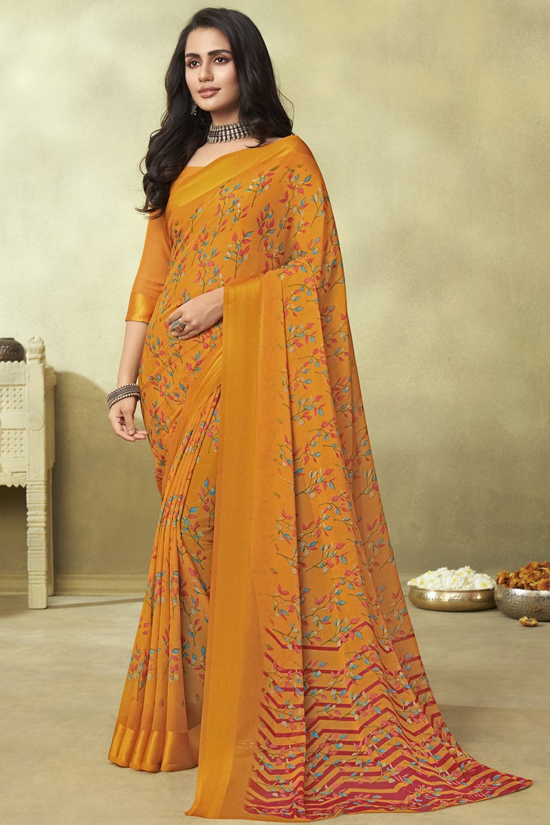 Casual Mustard Color Chiffon Fabric Simple Printed Saree