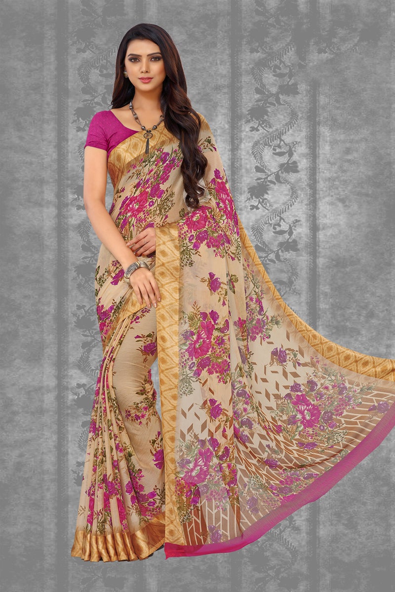 Cream Color Chiffon Fabric Casual Printed Saree