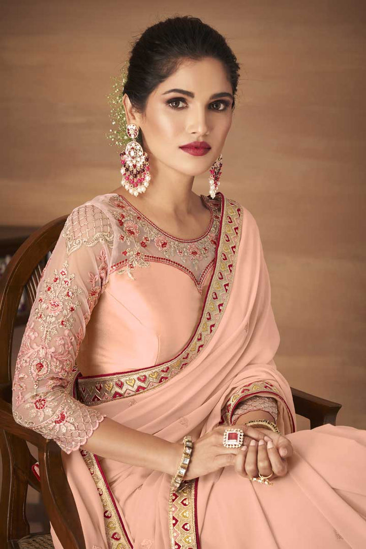 Peach Color Georgette Fabric Party Wear Embroidered Work Chic Saree Featuring Vartika Singh