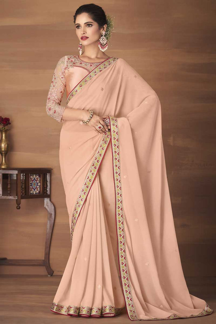 Peach Color Georgette Fabric Party Wear Embroidered Work Chic Saree Featuring Vartika Singh