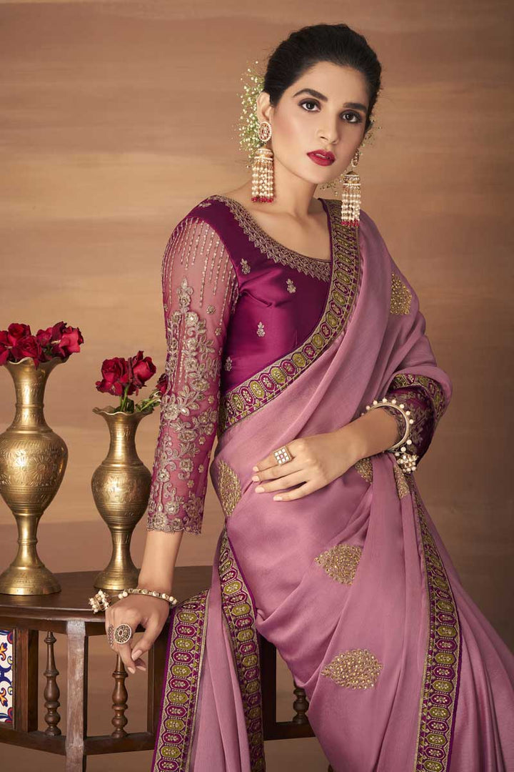 Party Wear Chiffon Fabric Pink Color Embroidered Work Soothing Saree