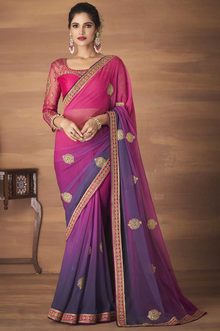 Georgette Fabric Embroidered Work Party Wear Wonderful Saree Featuring Vartika Singh In Pink Color