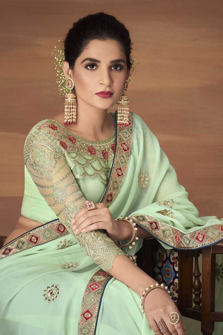Georgette Fabric Party Wear Sea Green Color Embroidered Work Fantastic Saree