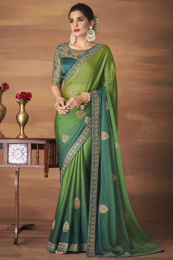 Chiffon Fabric Party Wear Stunning Embroidered Work Saree In Green Color
