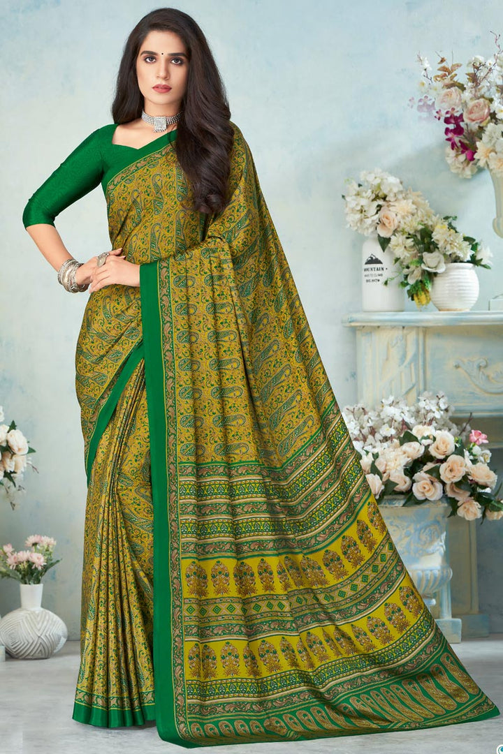 Captivating Crepe Silk Fabric Casual Wear Green Color Printed Uniform Saree