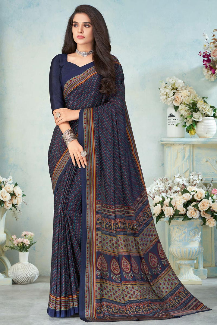 Striking Navy Blue Color Crepe Silk Fabric Printed Uniform Saree In Daily Wear
