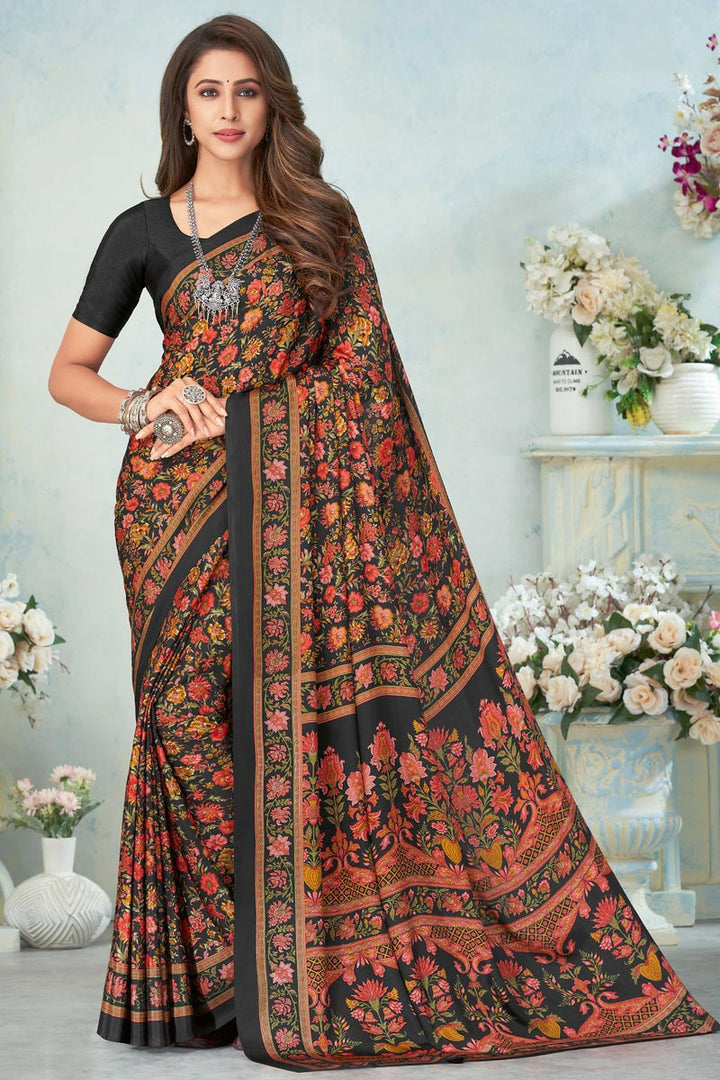 Attractive Black Color Casual Wear Printed Uniform Saree In Crepe Silk Fabric
