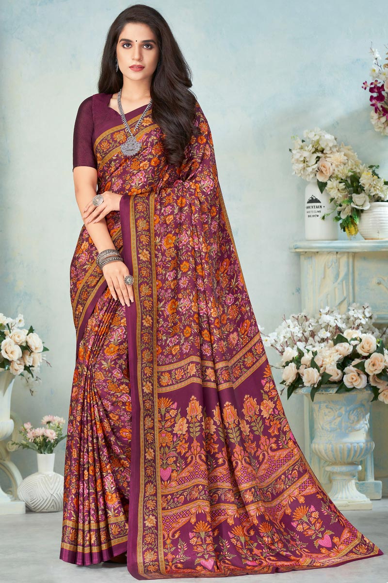 Enriching Purple Color Daily Wear Crepe Silk Fabric Printed Uniform Saree