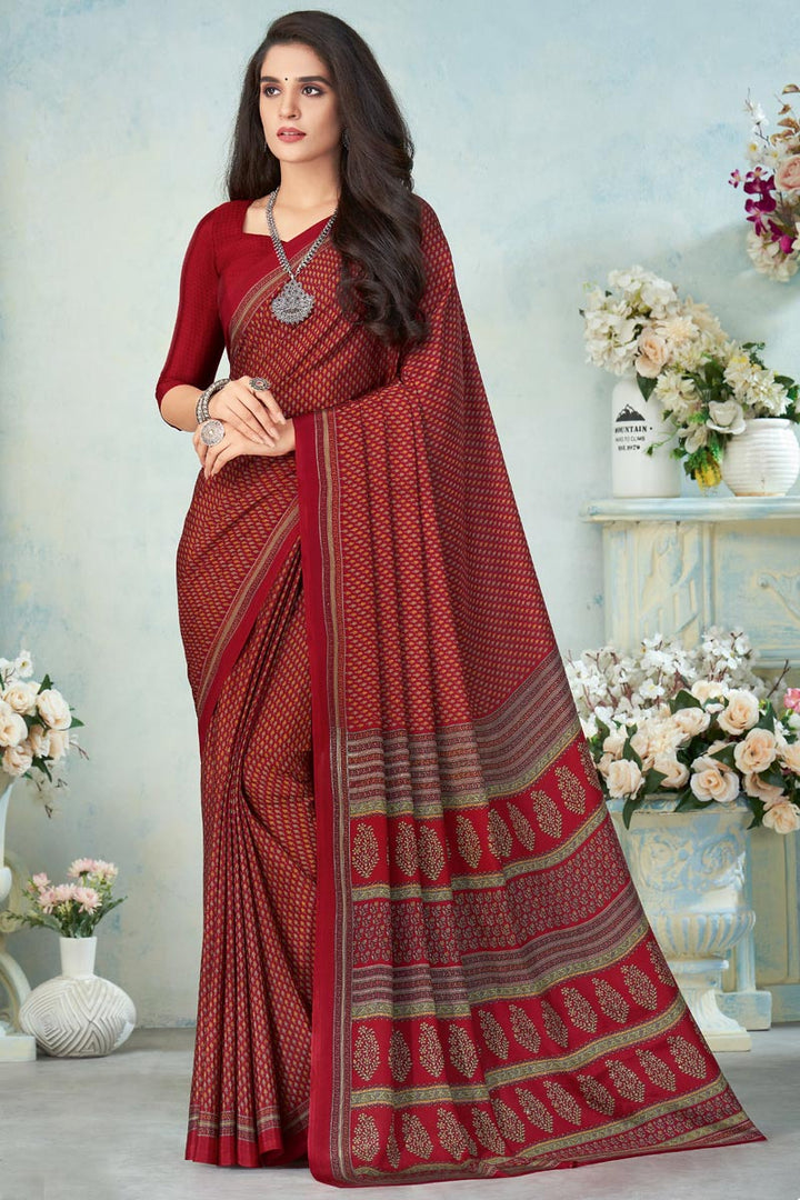 Graceful Maroon Color Crepe Silk Fabric Daily Wear Printed Uniform Saree