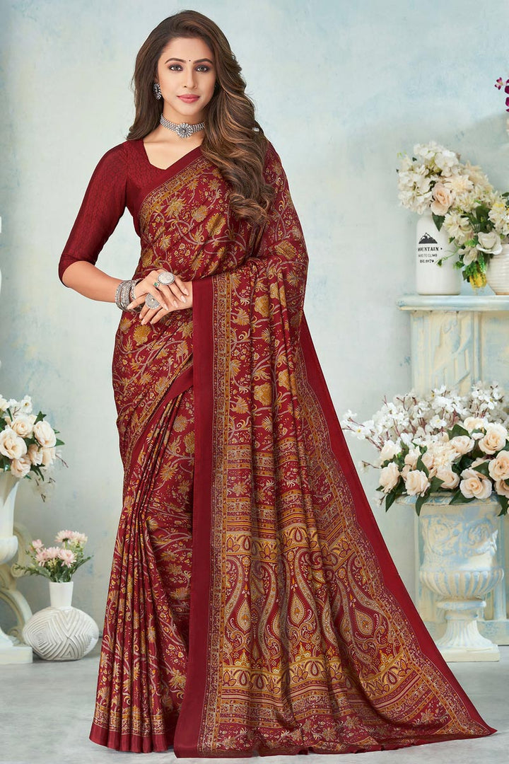 Appealing Maroon Color Crepe Silk Fabric Casual Wear Printed Uniform Saree