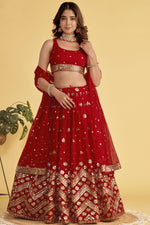 Load image into Gallery viewer, Georgette Fabric Red Color Stylish Look Sequins Work Lehenga
