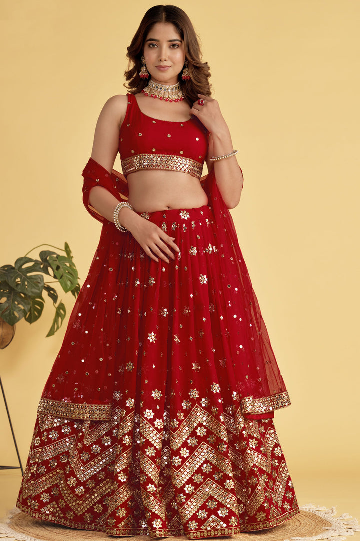 Georgette Fabric Red Color Stylish Look Sequins Work Lehenga