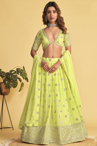 Georgette Fabric Yellow Color Beatific Look Sequins Work Lehenga