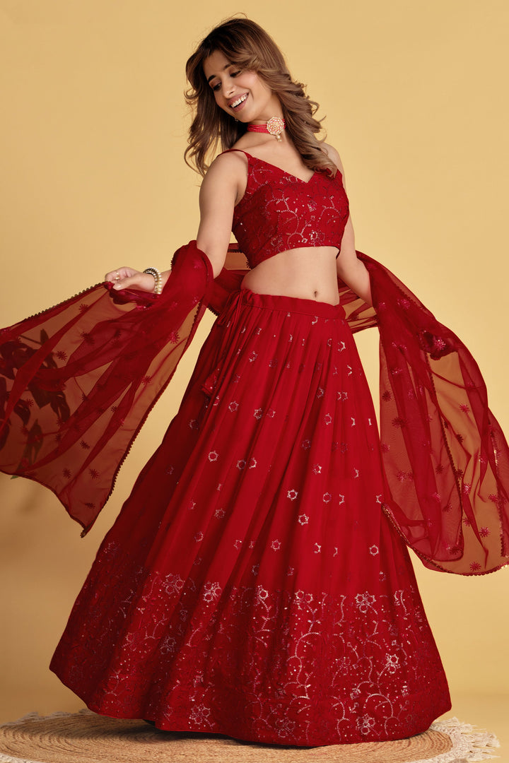Red Color Georgette Fabric Glamorous Look Sequins Work Lehenga